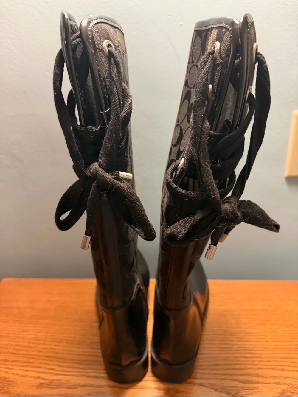 Coach Tall Black Signature Lace-Back Rain Boots